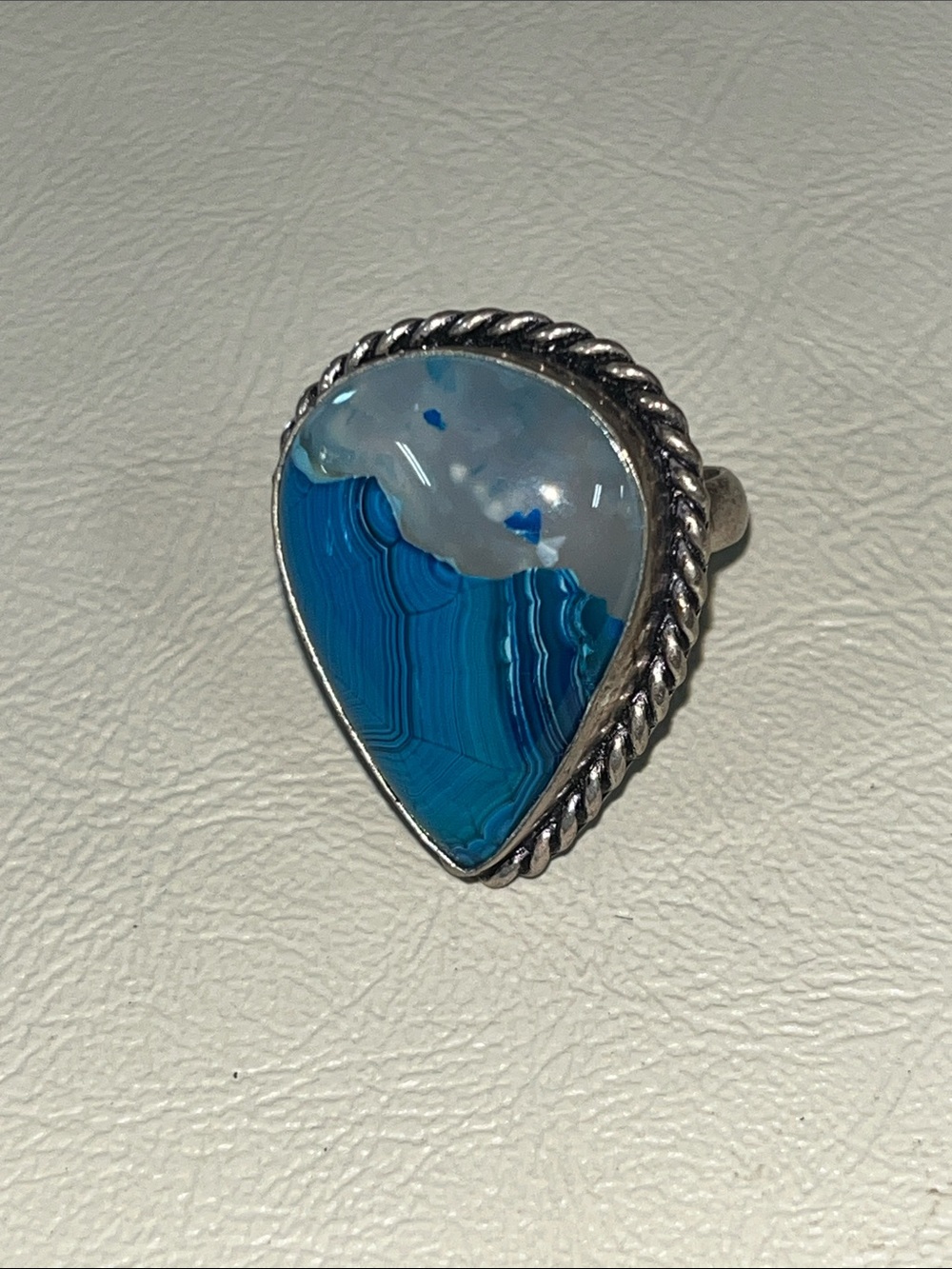 925 Sterling Silver Teardrop Blue Agate Statement Ring
